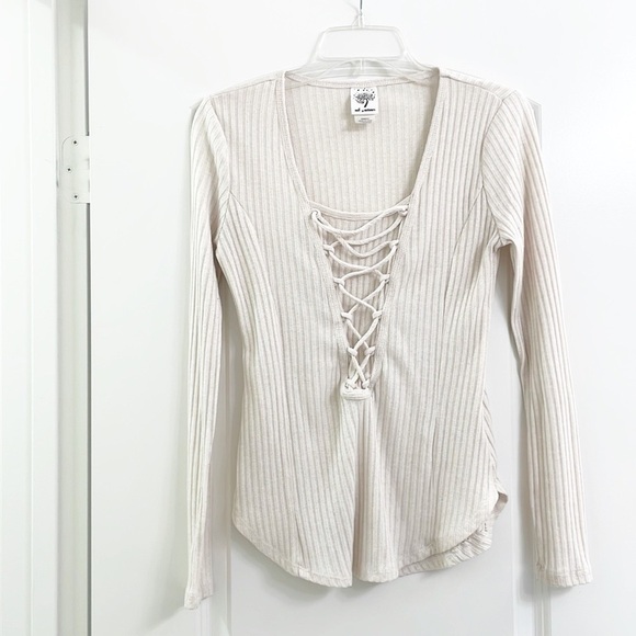 Self Esteem cream ribbed lace up long sleeve top - Picture 1 of 5